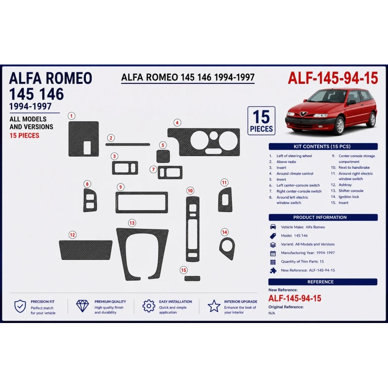 Alfa Romeo 145 146 1994-1997 kit cruscotto 3D, 15 pezzi