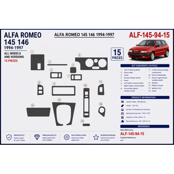 Alfa Romeo 145 146 1994-1997 kit cruscotto 3D, 15 pezzi