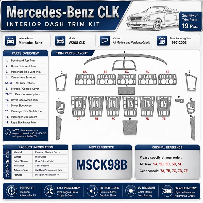 Mercedes Benz W208 CLK-Cabrio 1997-2003 kit cruscotto 3D, 19 pezzi