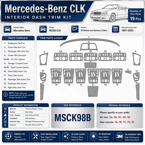 Mercedes Benz W208 CLK-Cabrio 1997-2003 kit cruscotto 3D, 19 pezzi