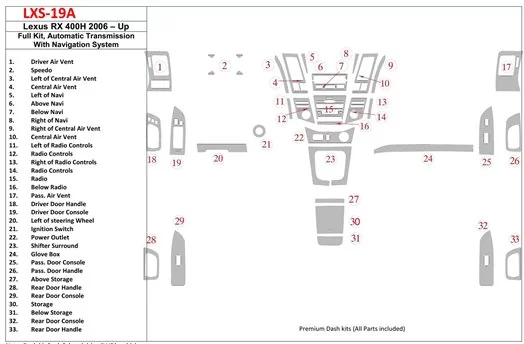 Lexus RX 400H 2006-UP Full Set, Automatic Gear, With Navigation Mascherine sagomate per rivestimento cruscotti Lexus RX 400H 2006-UP Full Set, Automatic Gear, With Navigation Mascherine sagomate per rivestimento cruscotti