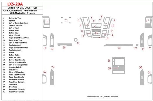 Lexus RX 350 2006-UP Full Set, Automatic Gear, With Navigation Mascherine sagomate per rivestimento cruscotti Lexus RX 350 2006-UP Full Set, Automatic Gear, With Navigation Mascherine sagomate per rivestimento cruscotti