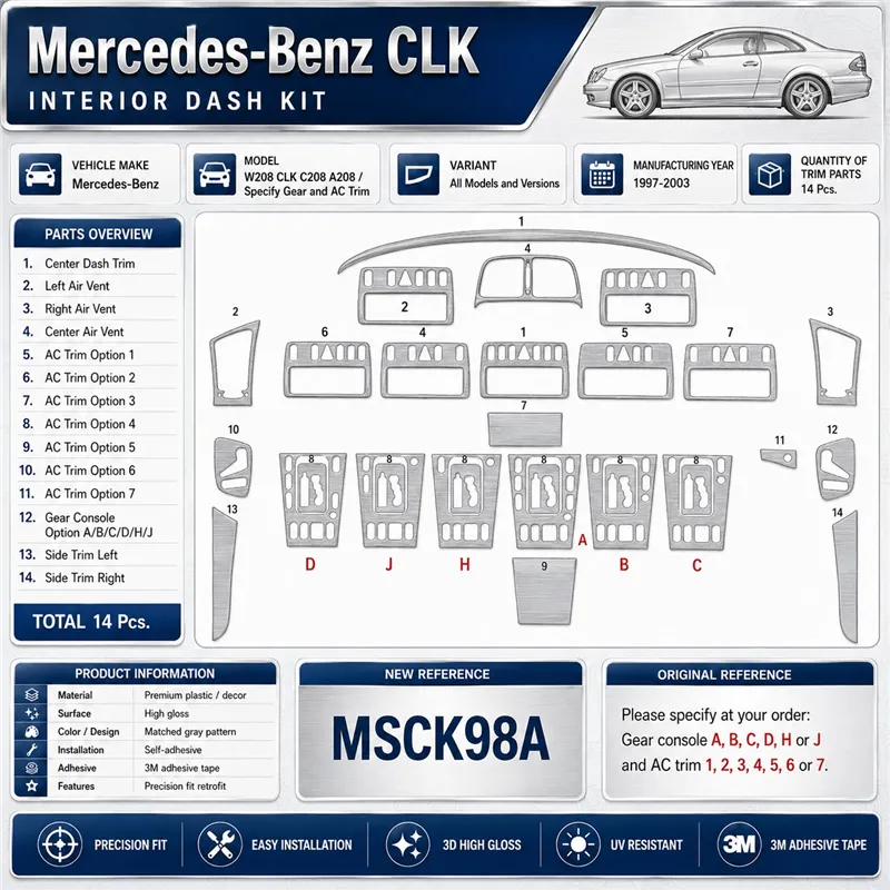 Mercedes Benz W208 CLK C208A208 1997-2003 kit cruscotto 3D, 14 pezzi