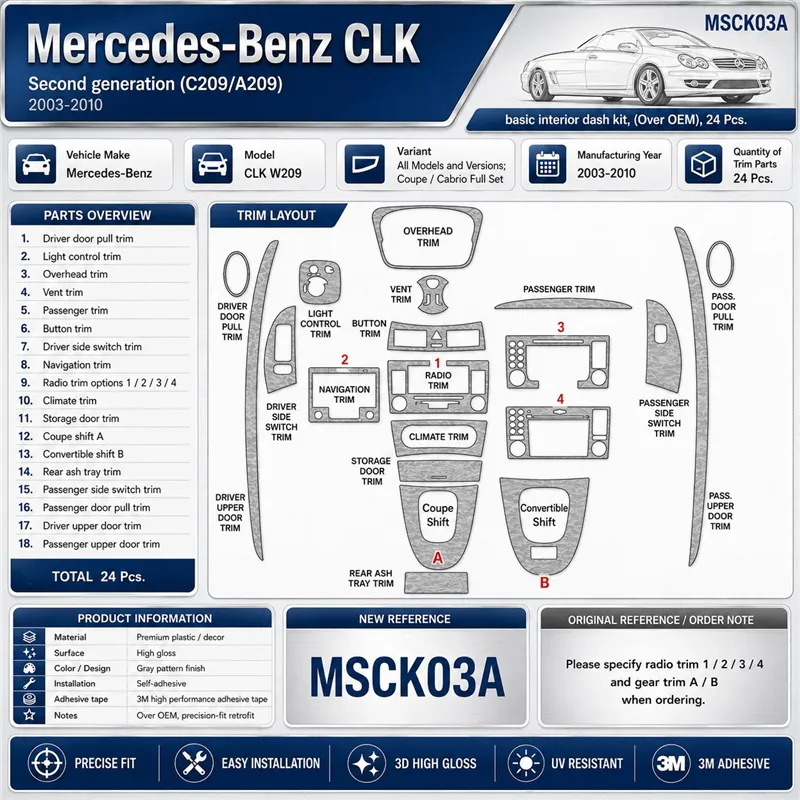 Mercedes Benz CLK W209 2003-2010 Coupe Carbio set completo 24pcs kit cruscotto 3D