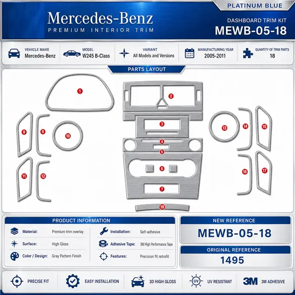 Mercedes W245 B-Class 2005-2011 kit cruscotto 3D, 18 pezzi