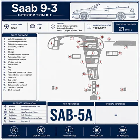 Saab 9-3 1999-2002 cambio automatico; con CD Player; senza OEM kit rivestimento cruscotto e interni 3D 2