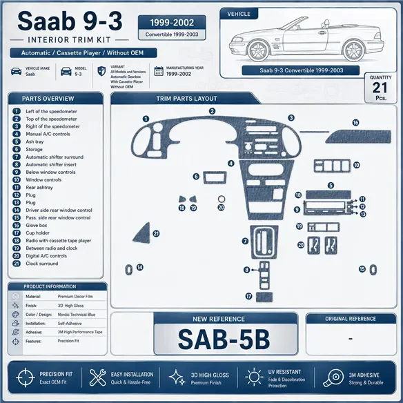 Saab 9-3 1999-2002 cambio automatico; con Compact Casette player; senza OEM kit rivestimento cruscotto e interni 3D 21 pezzi