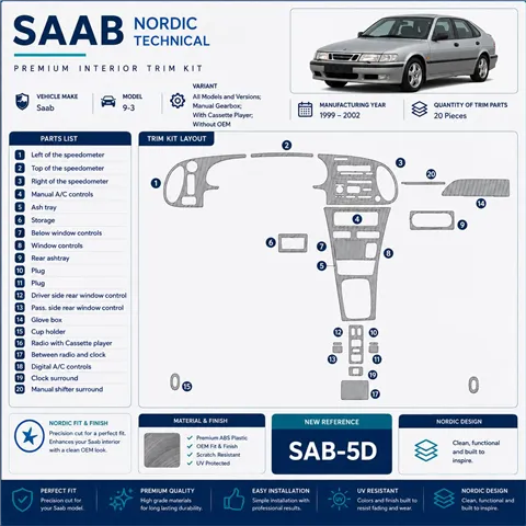Saab 9-3 1999-2002 cambio manuale; con Compact Casette player; No OEM kit rivestimento cruscotto e interni 3D 20 pezzi