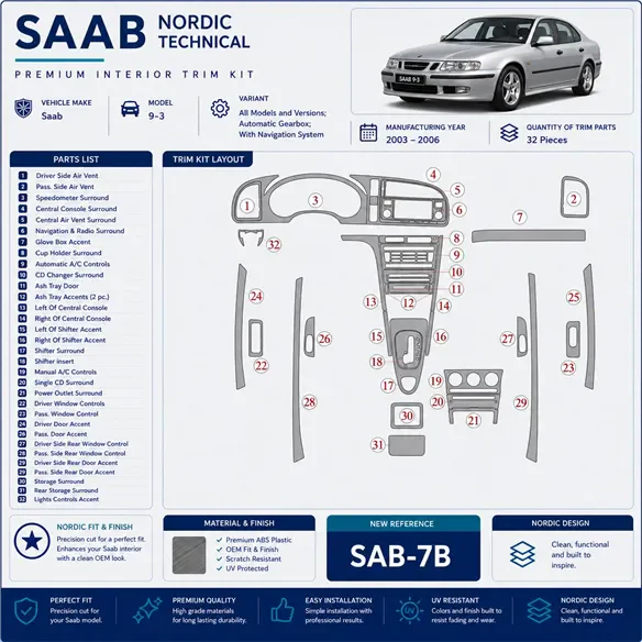 Saab 9-3 2003-2006 cambio automatico; con sistema di navigazione kit rivestimento cruscotto e interni 3D