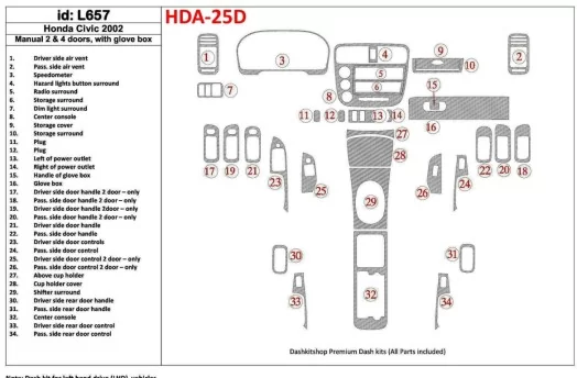 Honda Civic 2002-2002 Manual Gearbox, 2 or 4 Doors, with glowe-box, 35 Parts set Cruscotto BD Rivestimenti interni Honda Civic 2002-2002 Manual Gearbox, 2 or 4 Doors, with glowe-box, 35 Parts set Cruscotto BD Rivestimenti interni