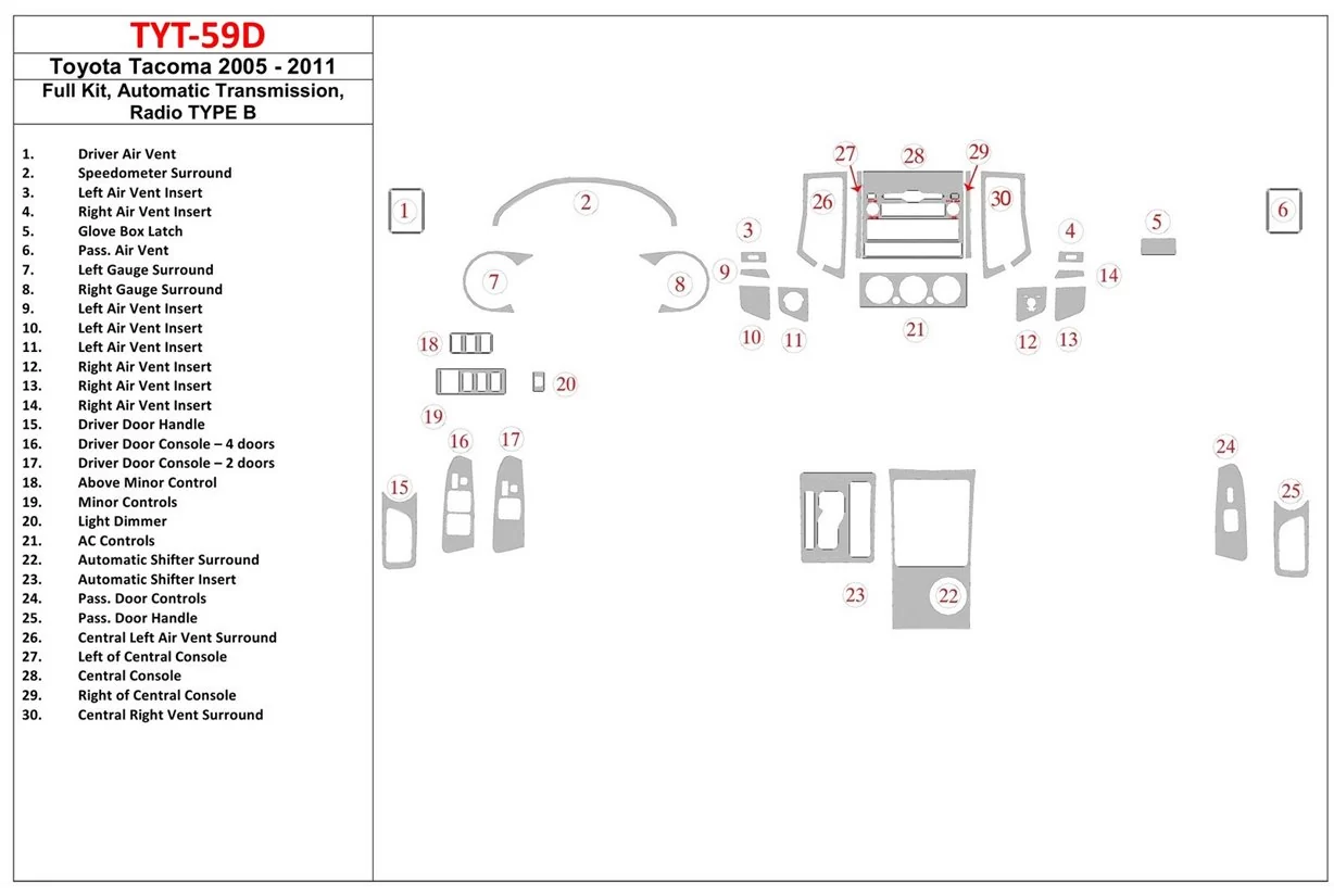 Toyota Tacoma 2005-UP Full Set, Automatic Gear, Radio TYPE B Mascherine sagomate per rivestimento cruscotti 