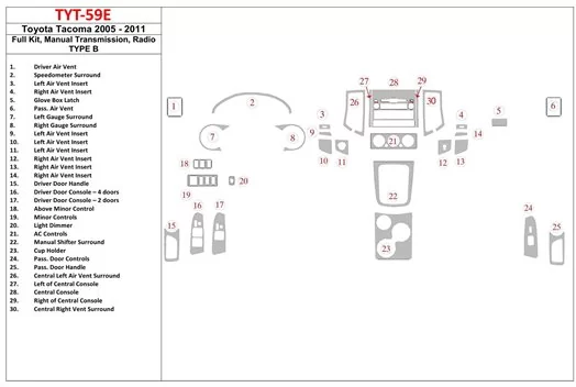 Toyota Tacoma 2005-UP Full Set, Manual Gear Box, Radio TYPE B Mascherine sagomate per rivestimento cruscotti 