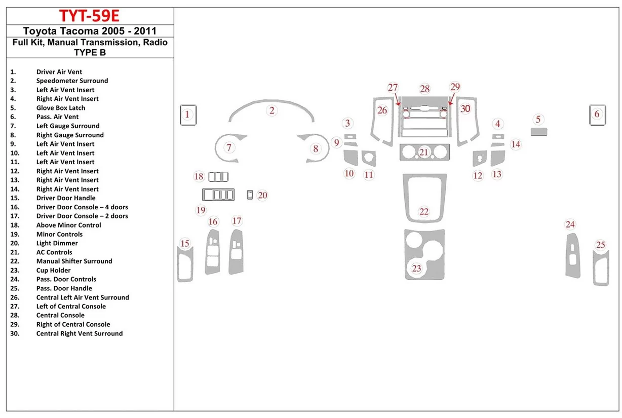 Toyota Tacoma 2005-UP Full Set, Manual Gear Box, Radio TYPE B Mascherine sagomate per rivestimento cruscotti 