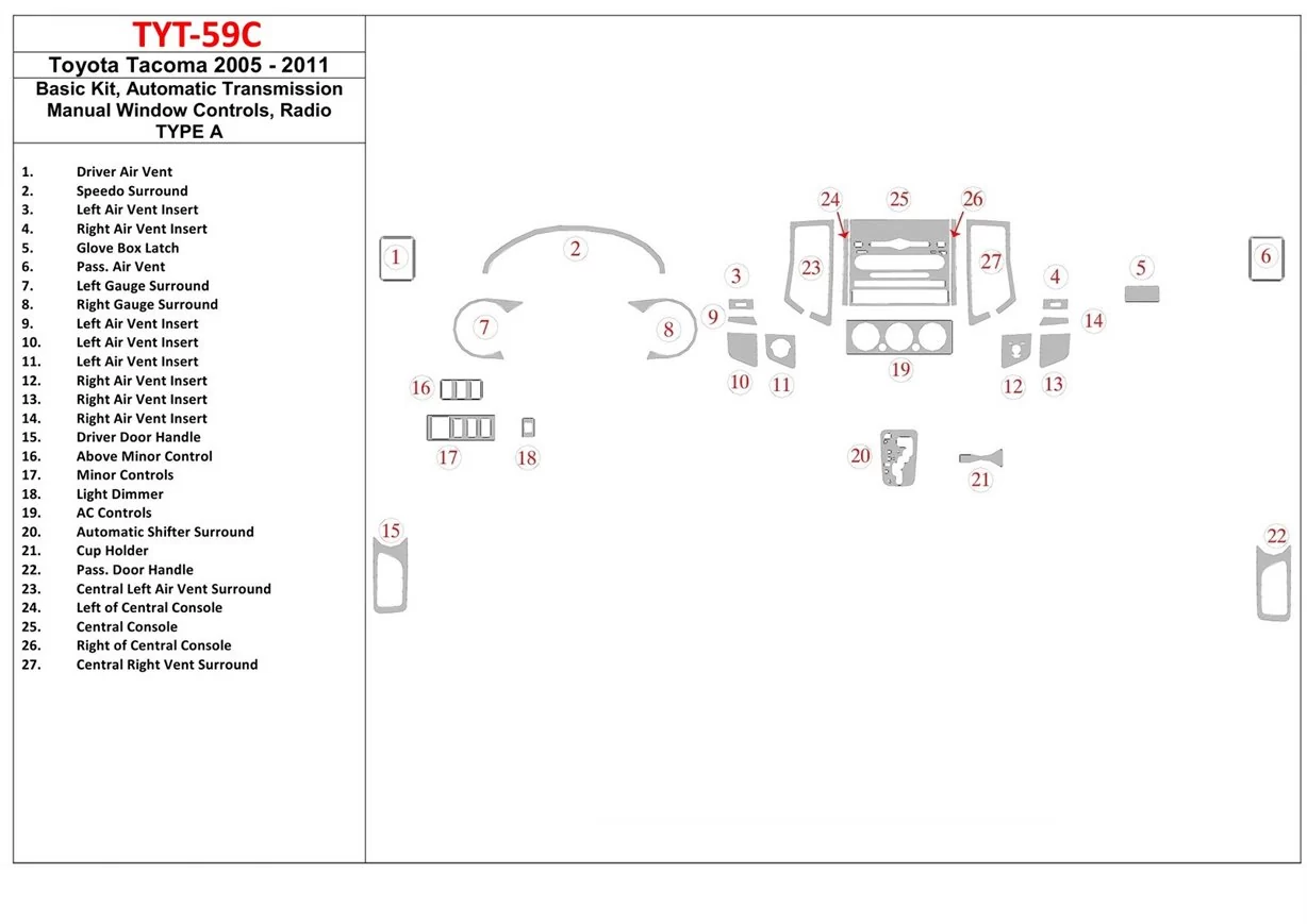 Toyota Tacoma 2005-UP Mascherine sagomate per rivestimento cruscotti 
