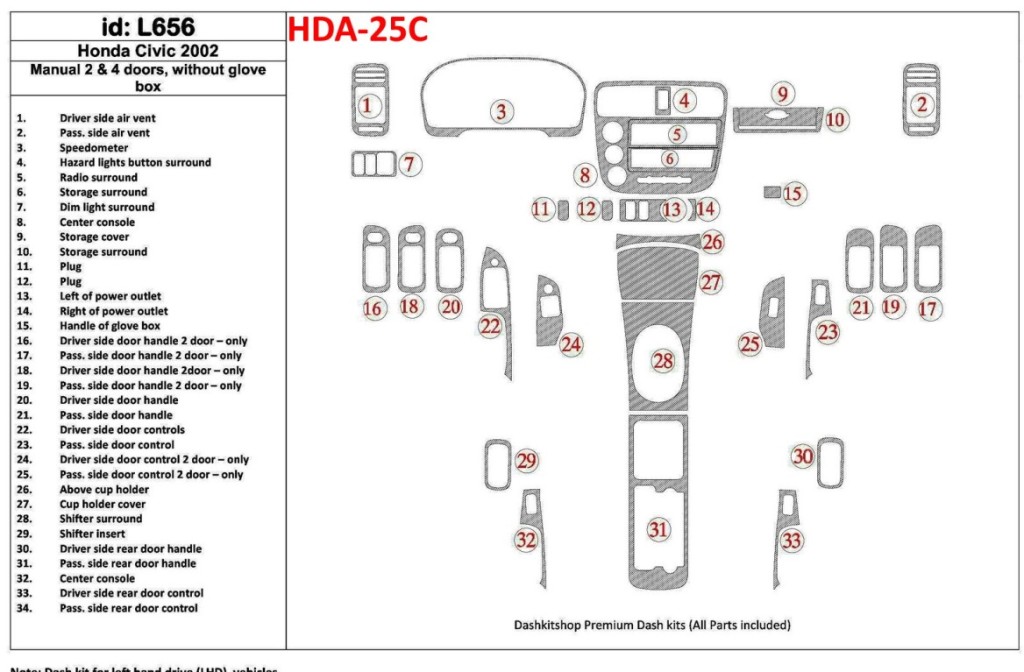 Honda Civic 2002-2002 Manual Gearbox, 2 or 4 Doors, Without glowe-box, 34 Parts set Cruscotto BD Rivestimenti interni Honda Civic 2002-2002 Manual Gearbox, 2 or 4 Doors, Without glowe-box, 34 Parts set Cruscotto BD Rivestimenti interni