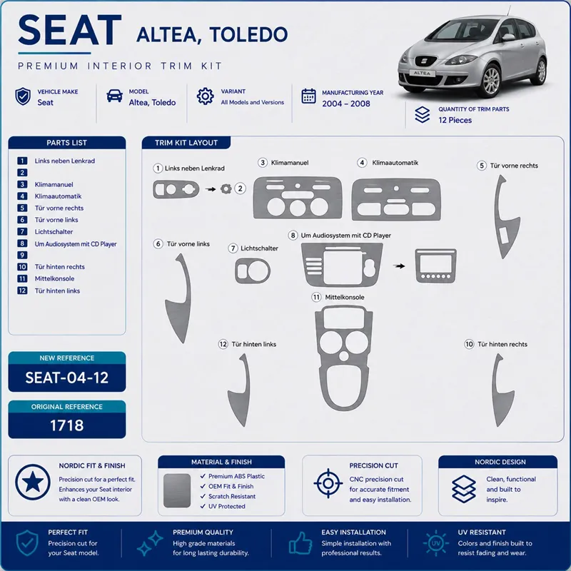 Seat Altea-Toledo 2004-2008 kit rivestimento cruscotto e interni 3D 12 pezzi
