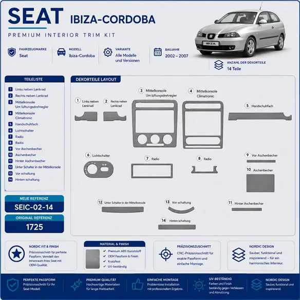 Seat Ibiza-Cordoba 2002-2007 kit rivestimento cruscotto e interni 3D 14 pezzi