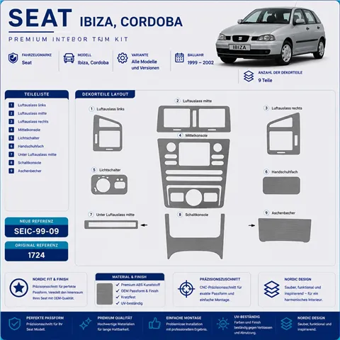 Seat Ibiza-Cordoba 1999-2002 kit rivestimento cruscotto e interni 3D 9 pezzi 2