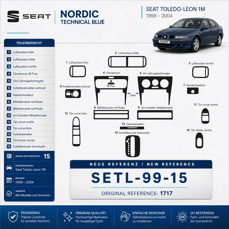 Seat Toledo-Leon 1M 1999-2004 kit rivestimento cruscotto e interni 3D 15 pezzi