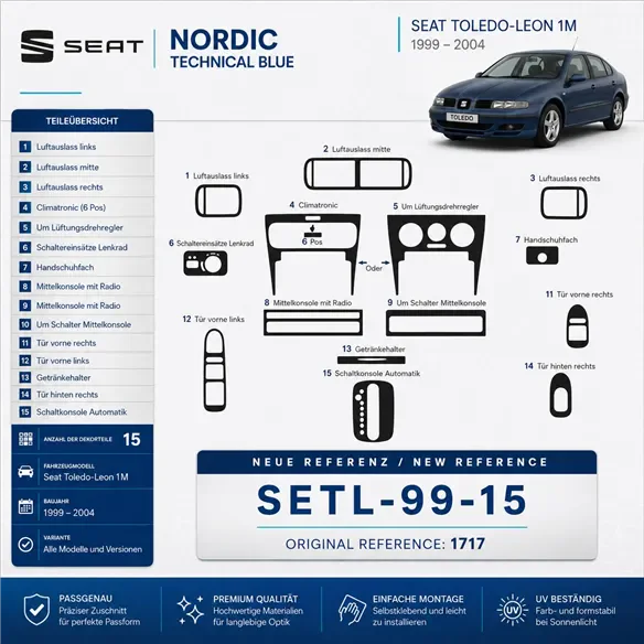 Seat Toledo-Leon 1M 1999-2004 kit rivestimento cruscotto e interni 3D 15 pezzi