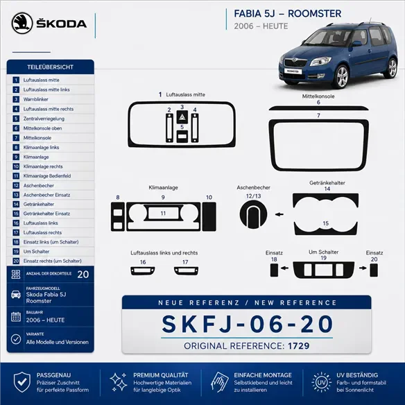 Skoda Fabia 5J Roomster 2006-in poi kit rivestimento cruscotto e interni 3D 20 pezzi