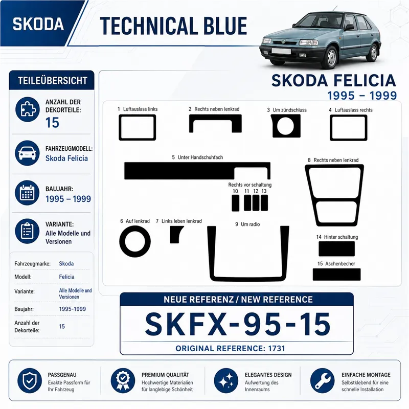 Skoda Felicia 1995-1999 kit rivestimento cruscotto e interni 3D 15 pezzi