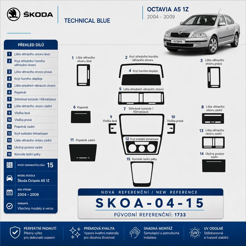 Skoda Octavia A5 1Z 2004-2009 kit rivestimento cruscotto e interni 3D 15 pezzi