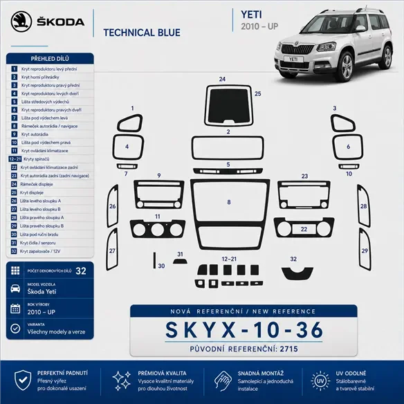 Skoda Yeti 2010-in poi kit rivestimento cruscotto e interni 3D 36 pezzi