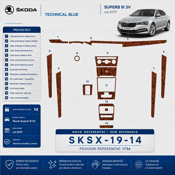Skoda SuperB 2019 in poi kit rivestimento cruscotto e interni 3D 14 pezzi