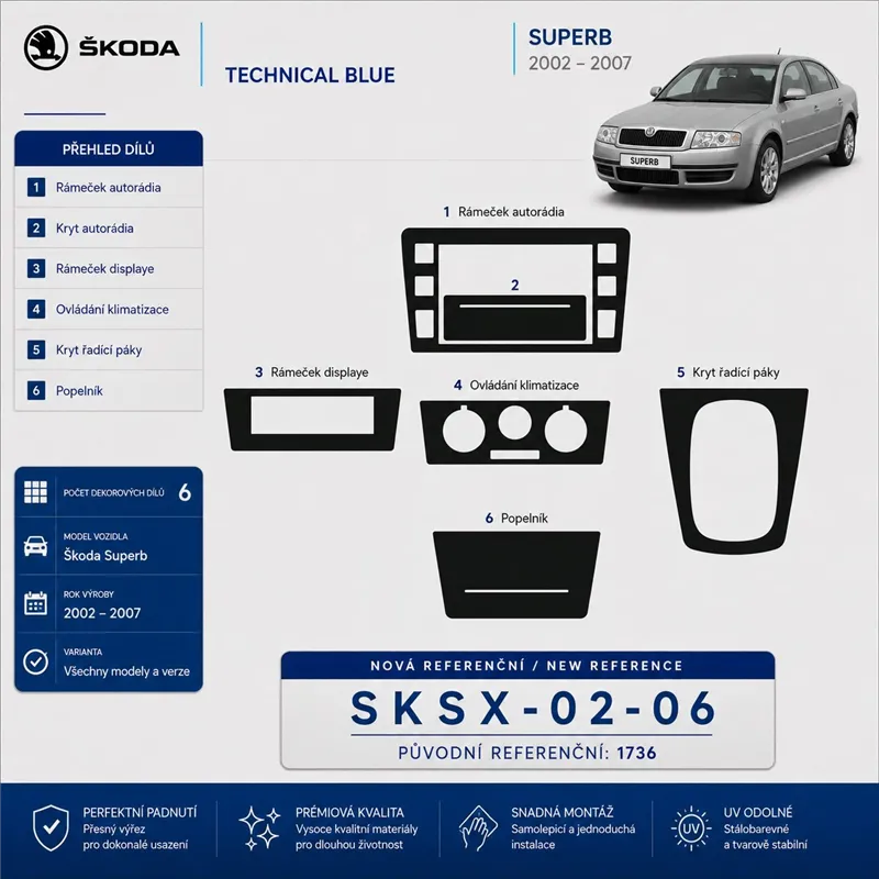 Skoda SuperB 2002-2007 kit rivestimento cruscotto e interni 3D 6 pezzi