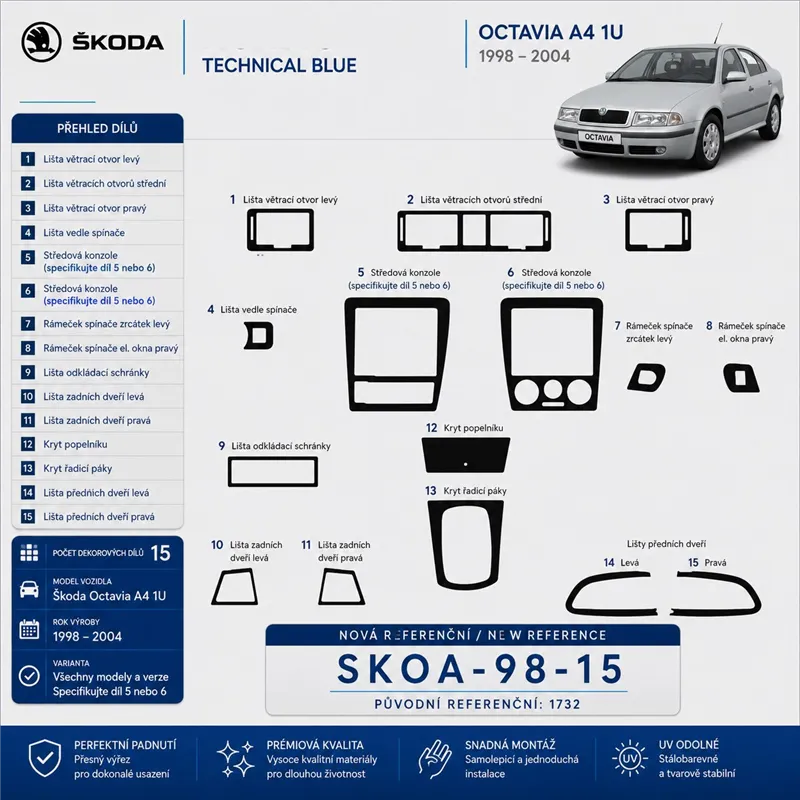Skoda Octavia A4 1U 1998-2004 kit rivestimento cruscotto e interni 3D 15 pezzi