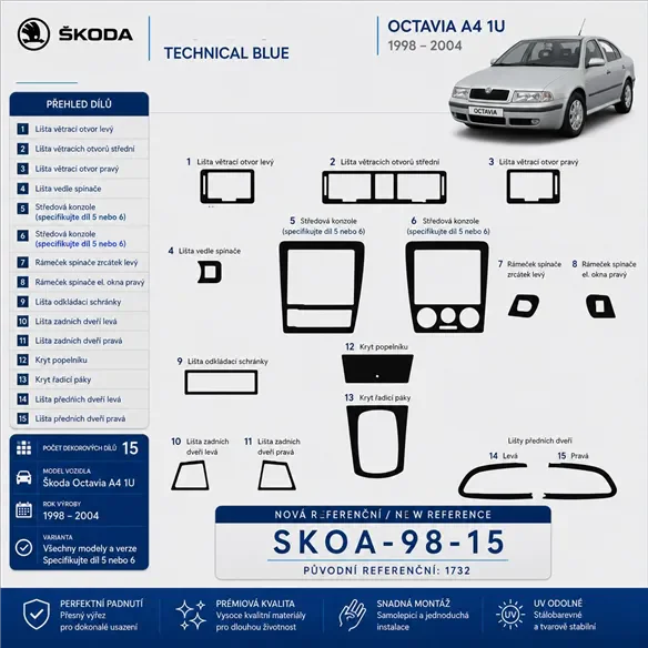 Skoda Octavia A4 1U 1998-2004 kit rivestimento cruscotto e interni 3D 15 pezzi