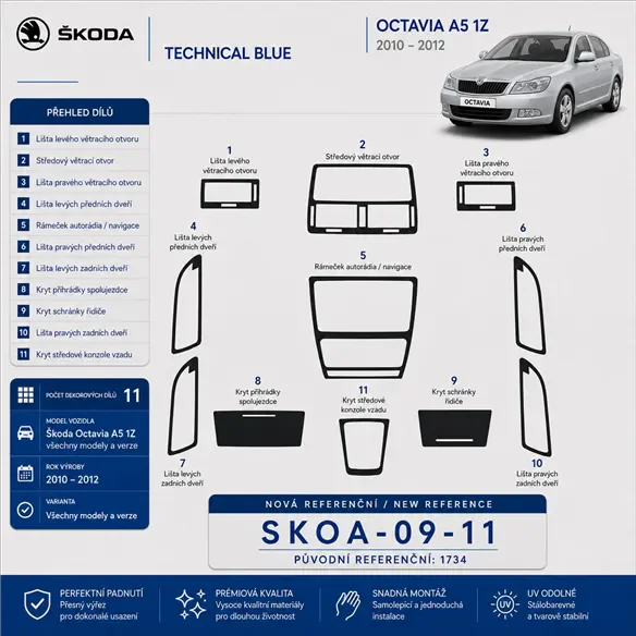 Skoda Octavia A5 1Z 2009-in poi kit rivestimento cruscotto e interni 3D 11 pezzi
