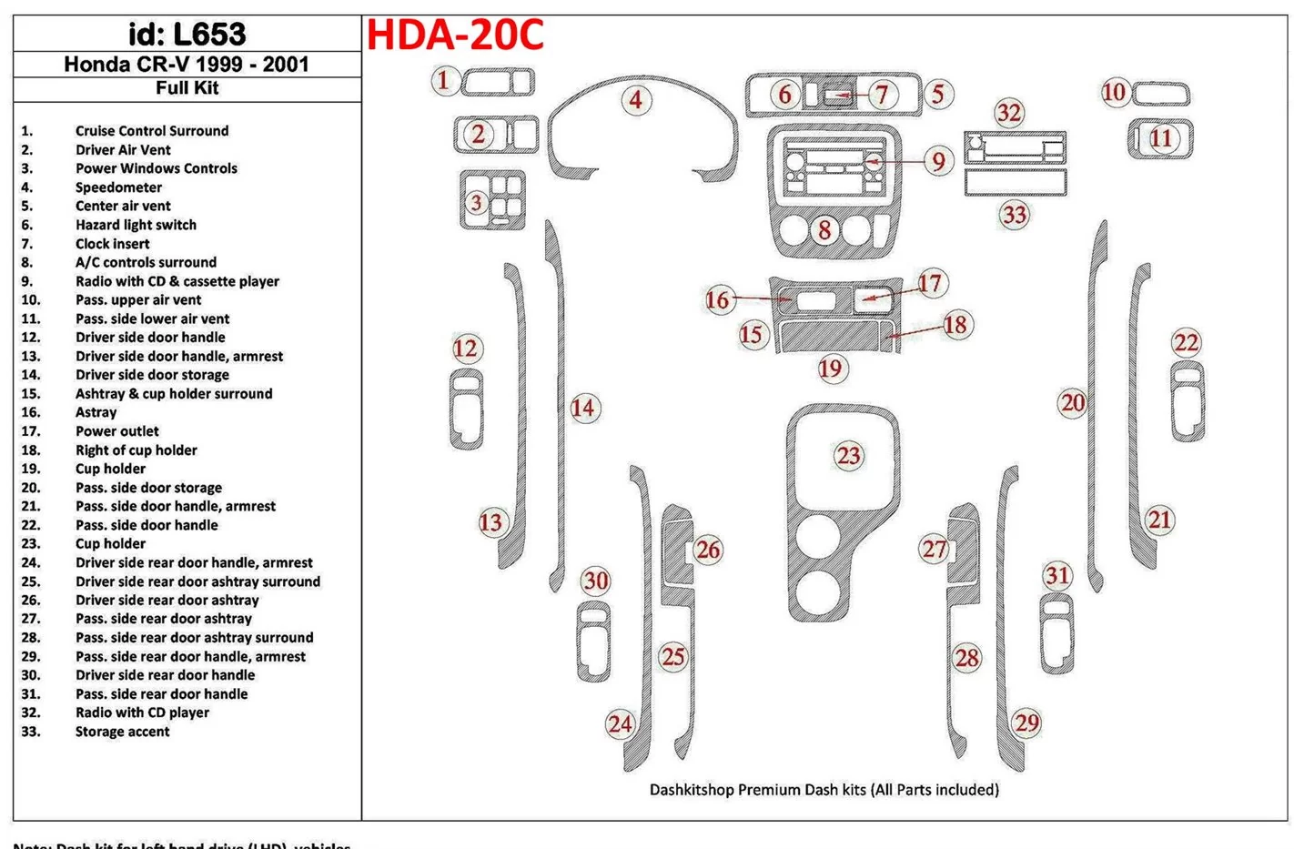 Honda CR-V 1999-2001 Full Set, 33 Parts set Cruscotto BD Rivestimenti interni