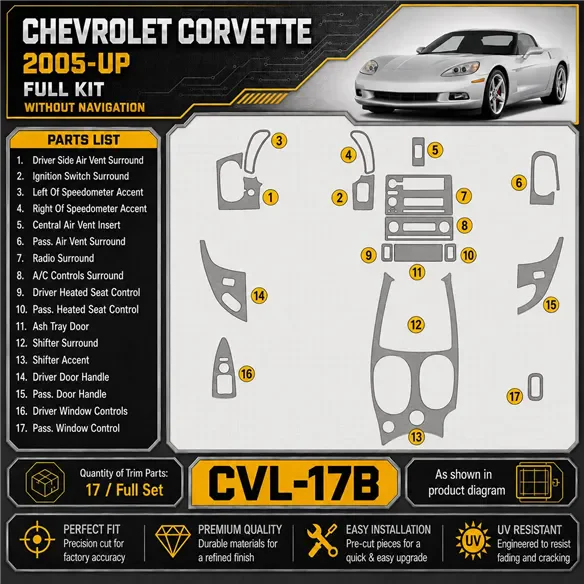 Chevrolet Corvette 2005-in poi set completo; senza sistema di navigazione kit rivestimento cruscotto e interni 3D