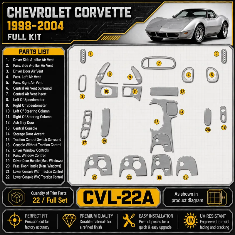 Chevrolet Corvette 1998-2004 set completo kit rivestimento cruscotto e interni 3D