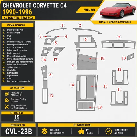 Chevrolet Corvette 1990-1996 cambio automatico kit rivestimento cruscotto e interni 3D