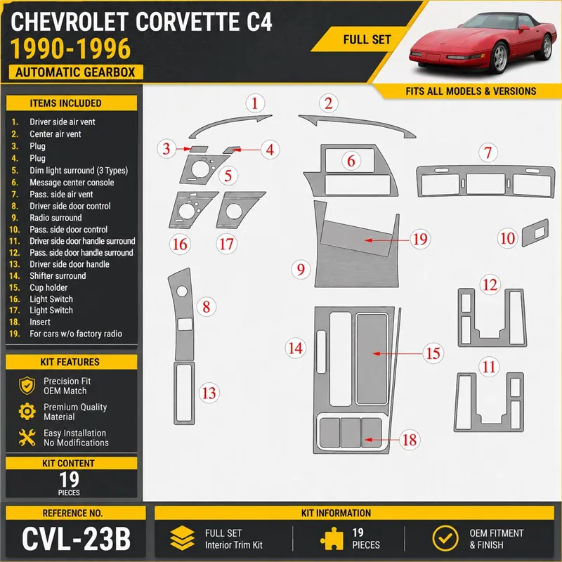 Chevrolet Corvette 1990-1996 cambio automatico kit rivestimento cruscotto e interni 3D