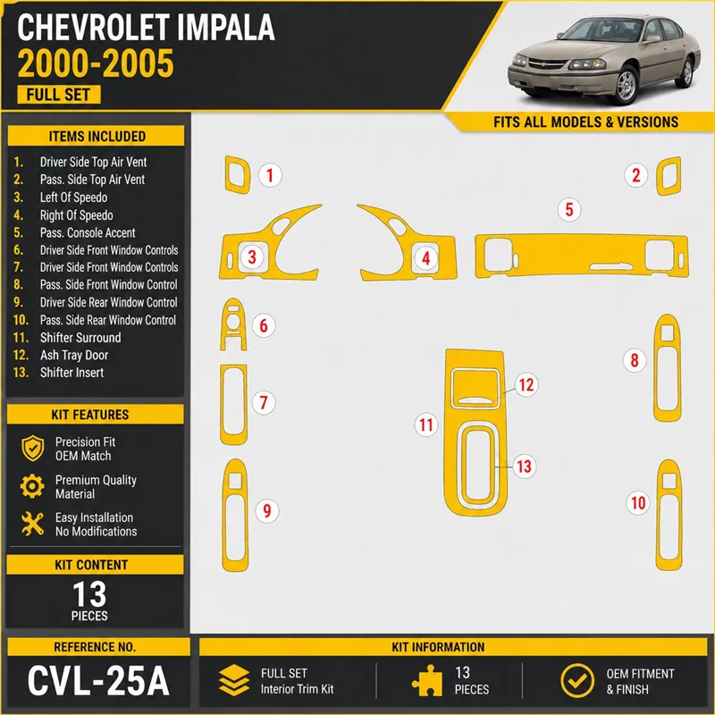 Chevrolet Impala 2000-2005 set completo kit rivestimento cruscotto e interni 3D