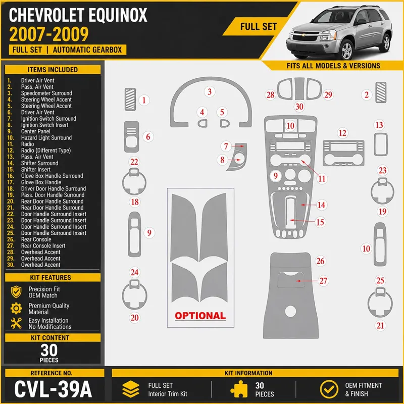 Chevrolet Equinox 2007-2009 set completo; cambio automatico kit rivestimento cruscotto e interni 3D