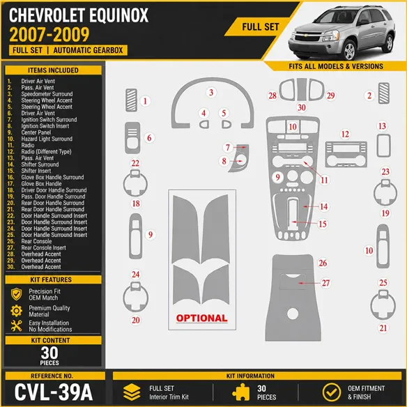 Chevrolet Equinox 2007-2009 set completo; cambio automatico kit rivestimento cruscotto e interni 3D