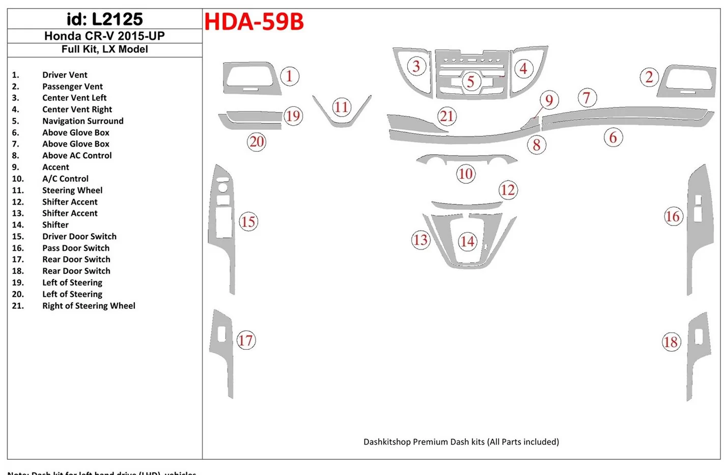 Honda CR-V 2015-UP Full Set, LX Model Cruscotto BD Rivestimenti interni