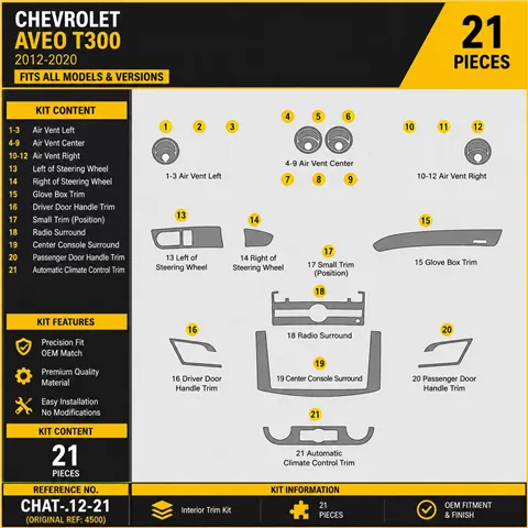 Chevrolet Aveo 2006-in poi kit rivestimento cruscotto e interni 3D 21 pezzi