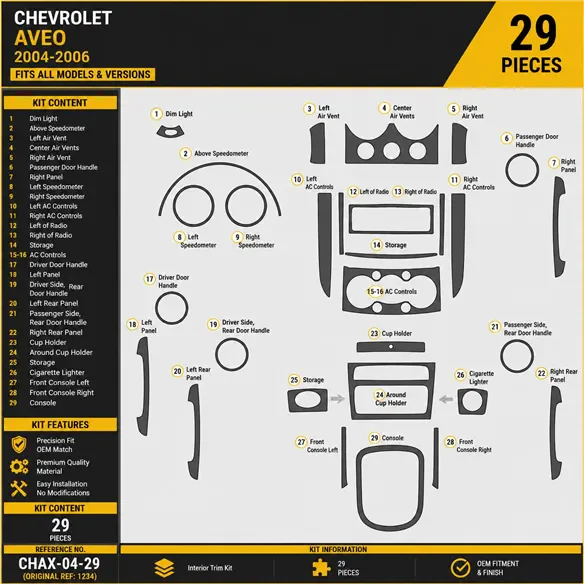Chevrolet Aveo 2004-2006 kit rivestimento cruscotto e interni 3D 29 pezzi