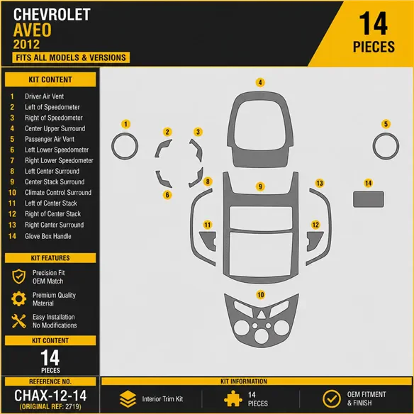 Chevrolet Aveo 2012 kit rivestimento cruscotto e interni 3D 14 pezzi