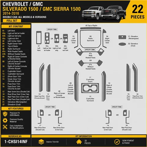 Chevrolet Silverado 1500 Double Cab 2014-2018 set completo kit rivestimento cruscotto e interni 3D 22 pezzi