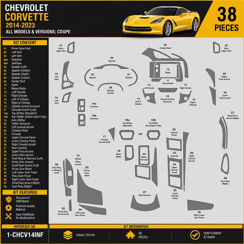 Chevrolet Corvette 2014-2020 Coupe kit rivestimento cruscotto e interni 3D 38 pezzi