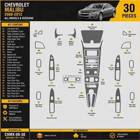 Chevrolet Malibu 2008-2012 kit rivestimento cruscotto e interni 3D 30 pezzi