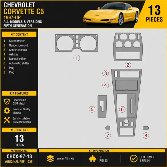 Chevrolet Corvette 1997-in poi kit rivestimento cruscotto e interni 3D 13 pezzi