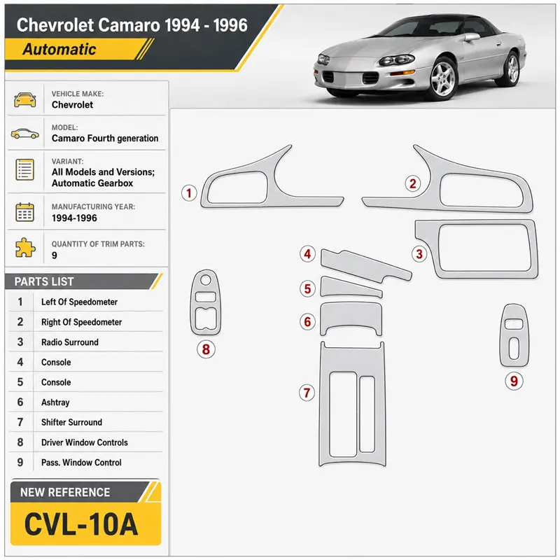 Chevrolet Camaro 1994-1996 cambio automatico kit rivestimento cruscotto e interni 3D 9 pezzi